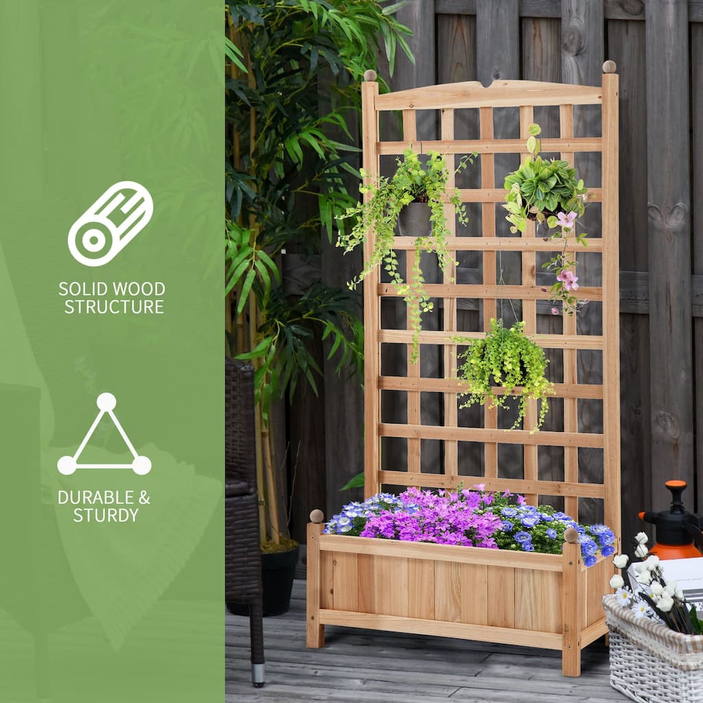 Wooden Raised Garden Bed with Trellis, Outdoor Planter Box with Drainage Crevices For Climbing Vine Plants Flowers