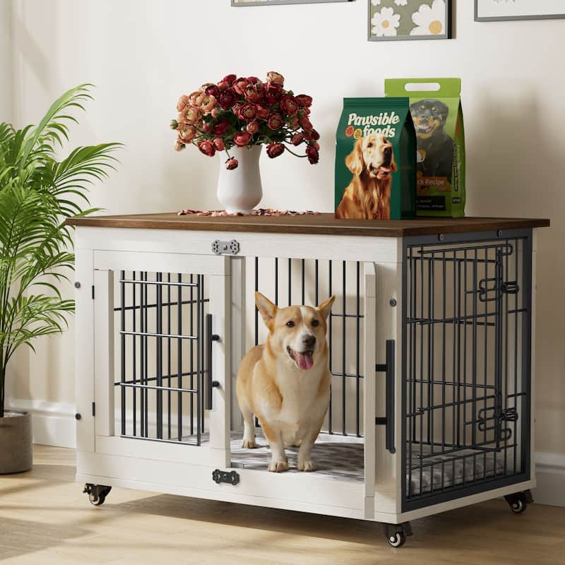 Dog Crate Indoor Heavy Duty Double Doors Wooden Dog Cage with Cushion - 32.5"L x 22.1"W x 25.2"H. - White - Assembly Required