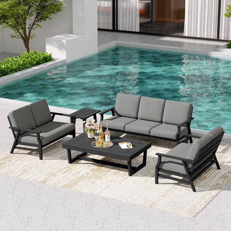 Teak Outdoor Seating Set with Daybed & Tables.