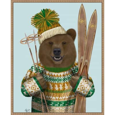 Bear in Christmas Sweater by Fab Funky (23 x 28 in.), Framed Canvas Wall Art Print - Sylvie Beaded Rustic Natural