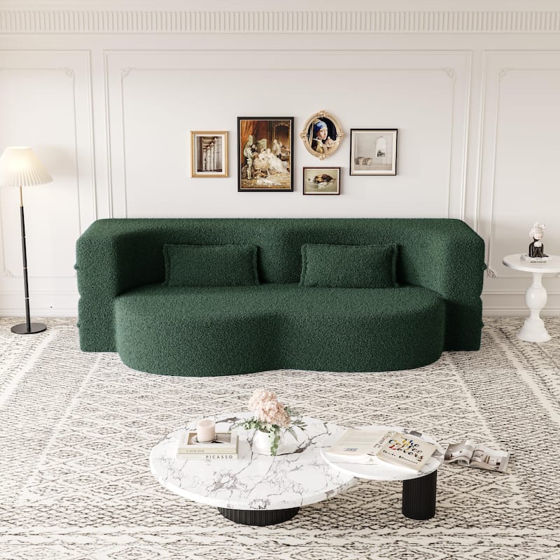 Convertible Green Teddy Fabric Foam-Filled Floor Sofa Bed with 2 Pillows, No Assembly Required