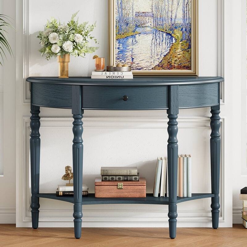 Farmhouse Half Moon Console Table with Drawer and Shelf for Entryway and Living Room Decor - Navy