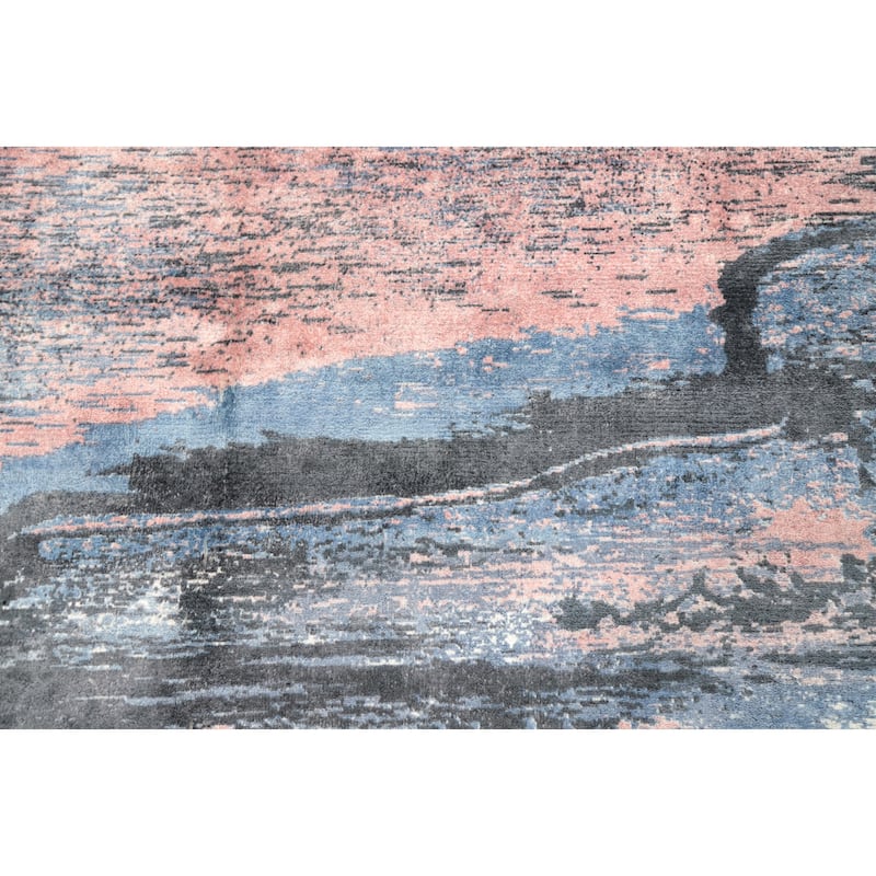 Hand Knotted Oriental Viscose Silk Carpet Modern Pictorial Pink Abstract Area Rug - 7' 7'' X 5' 8''