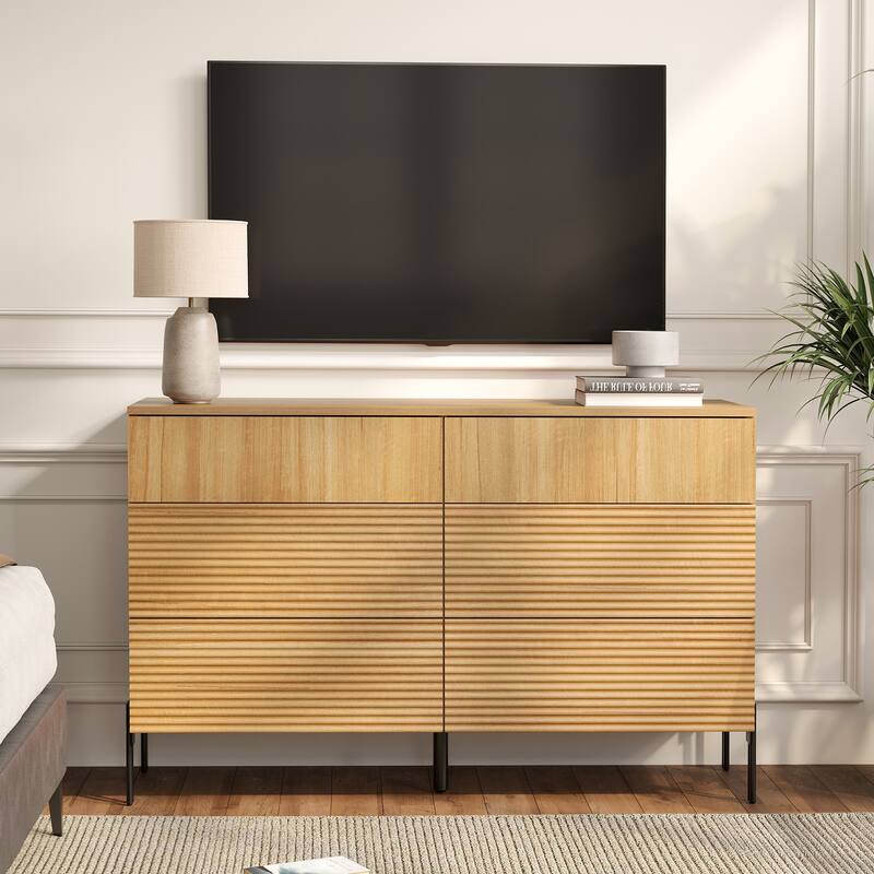 WAMPAT 47" Modern 6 Drawer Dresser TV Stand For 55 Inch TV, Reeded Entertainment Center, Wood TV Console With Storage - Oak