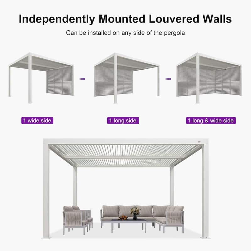 PURPLE LEAF White Louvered Pergola Accessories Roller Blinds, Strip Light and Shutter Wall(Pergola Not Included)