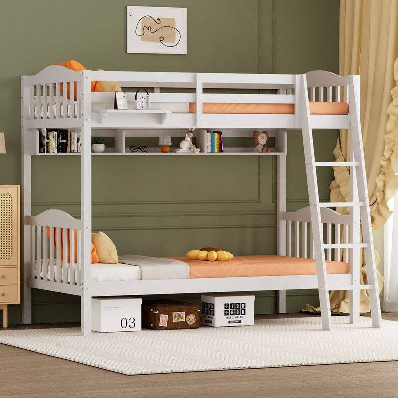Twin Over Twin Solid Wood Bunk Bed for Kids and Adults, No Box Spring Required - White/Shelves - Twin