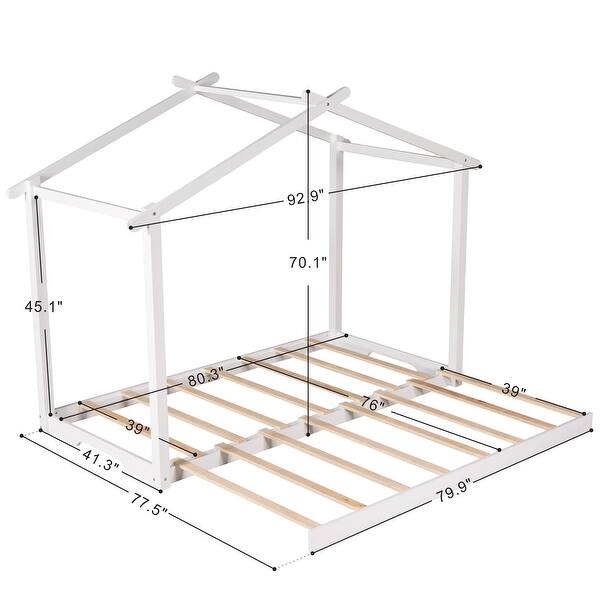 Twin XL/King Size House Platform Bed with Trundle, Roof Design for Kids Teens, Wooden House Bedframe w/Customizable Themes,White