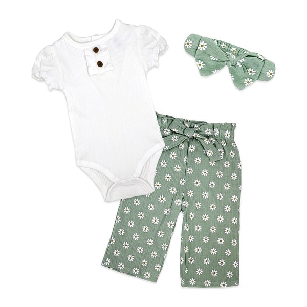 slide 2 of 5, Toddler Girls 3 Piece Breezy Daisy Bodysuit, Pants and Headband Set, Green 12 months