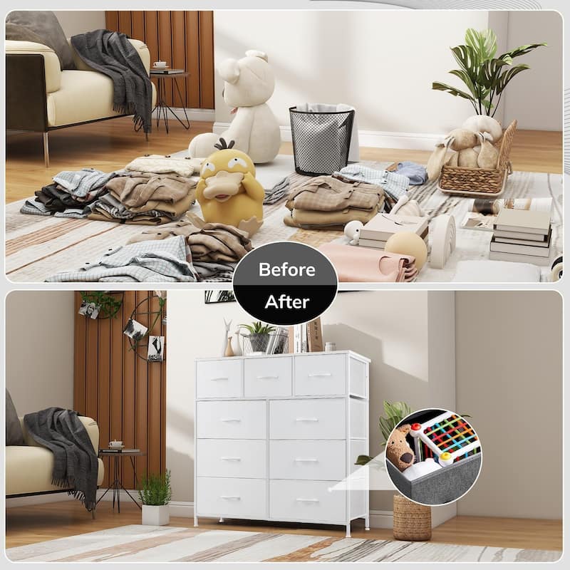 Dresser for Bedroom with 9 Drawers, Anti-Tip Tall Fabric Chests Storage Organizer Tower Furniture with Wooden Top Metal Frame