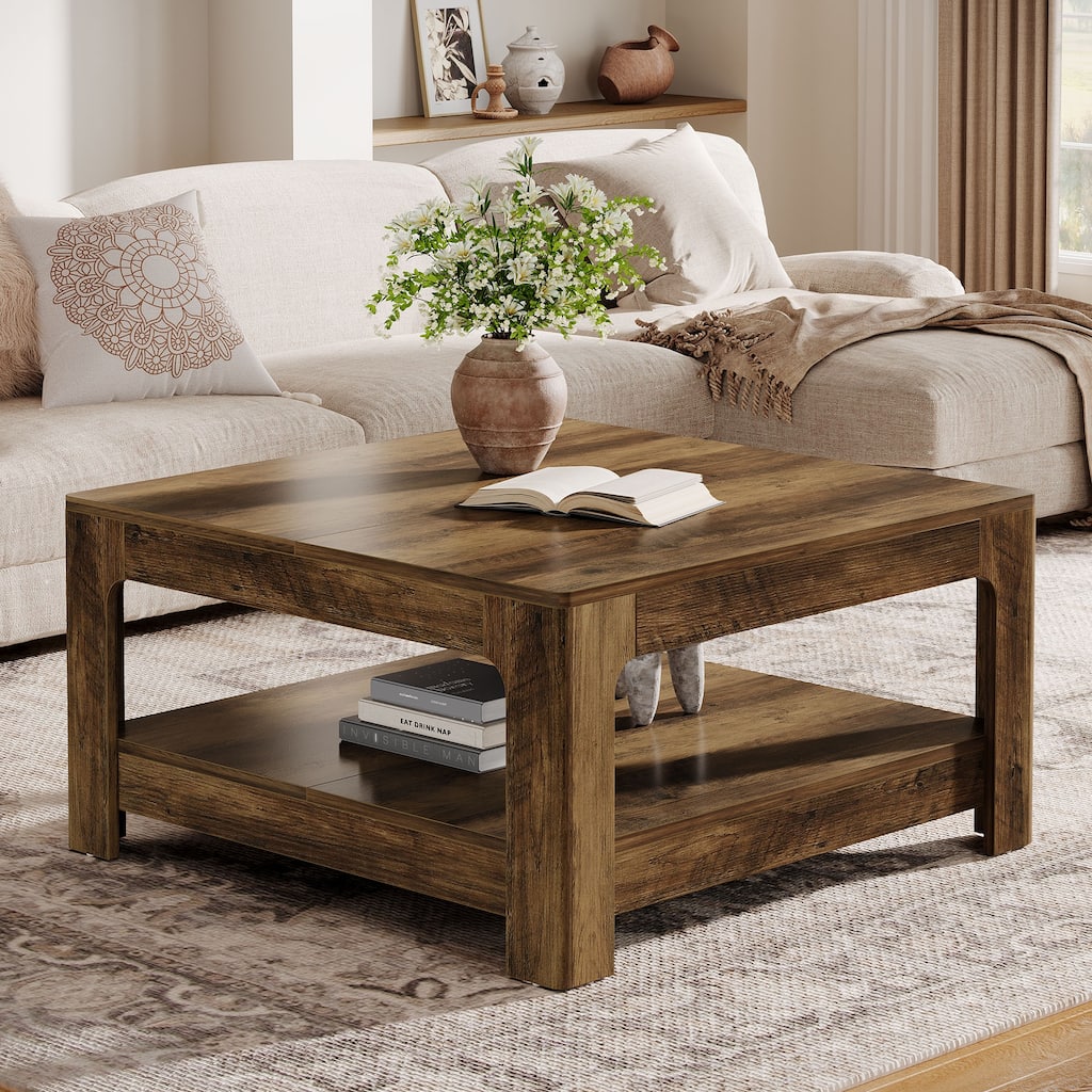 39.4 Inch Large Farmhouse Square Coffee Table for Living Room - 39.37" D x 39.37" W x 19.7" H