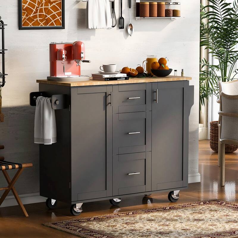 Rolling Kitchen Island with Rubber Wood Top, Drawers, Shelves, Internal Storage, Wheels, Spice & Towel Racks - Black
