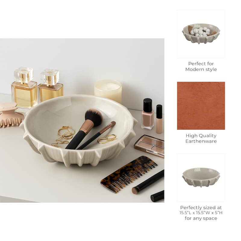 Decorative Round Bowl with Scalloped Rim - Home Decor - 16", Taupe - 15.5"