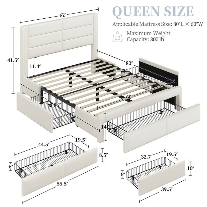 Yaheetech Upholstered Bed Frame with 4 Storage Drawers and Built-In USB Ports