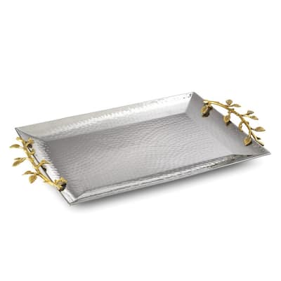 Curata Hammered Stainless Steel with Golden Vine Handles Rectangular Tray