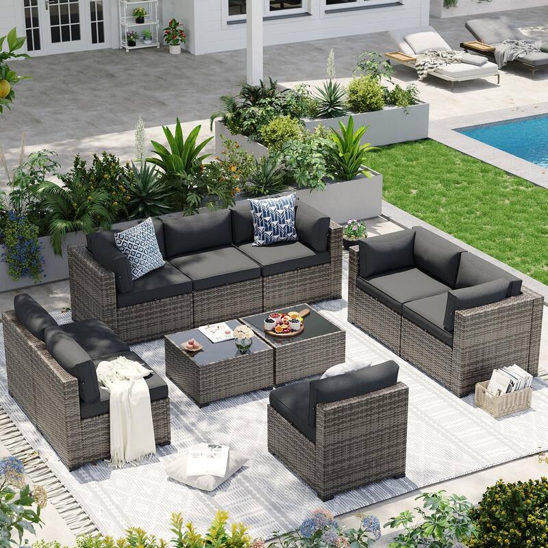 AOXUN Wicker Rattan Outdoor Sectional Sofa Set with Coffee Table - 10 pcs - Grey-Black