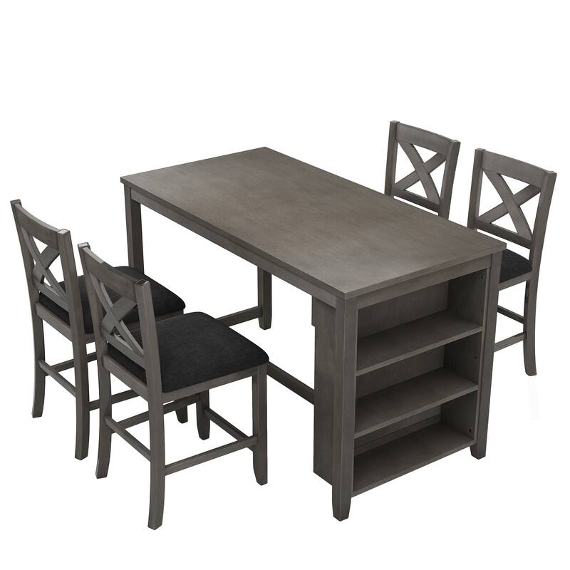 Rustic Farmhouse 5-Piece Counter Height Dining Table Set with Four Padded Chairs and Functional Storage