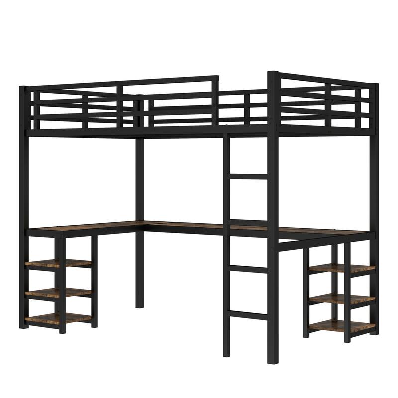 Twin XL Metal Loft Bed with Desk and Shelves, Loft Bed with Ladder and Guardrails, Loft Bed Frame for Bedroom