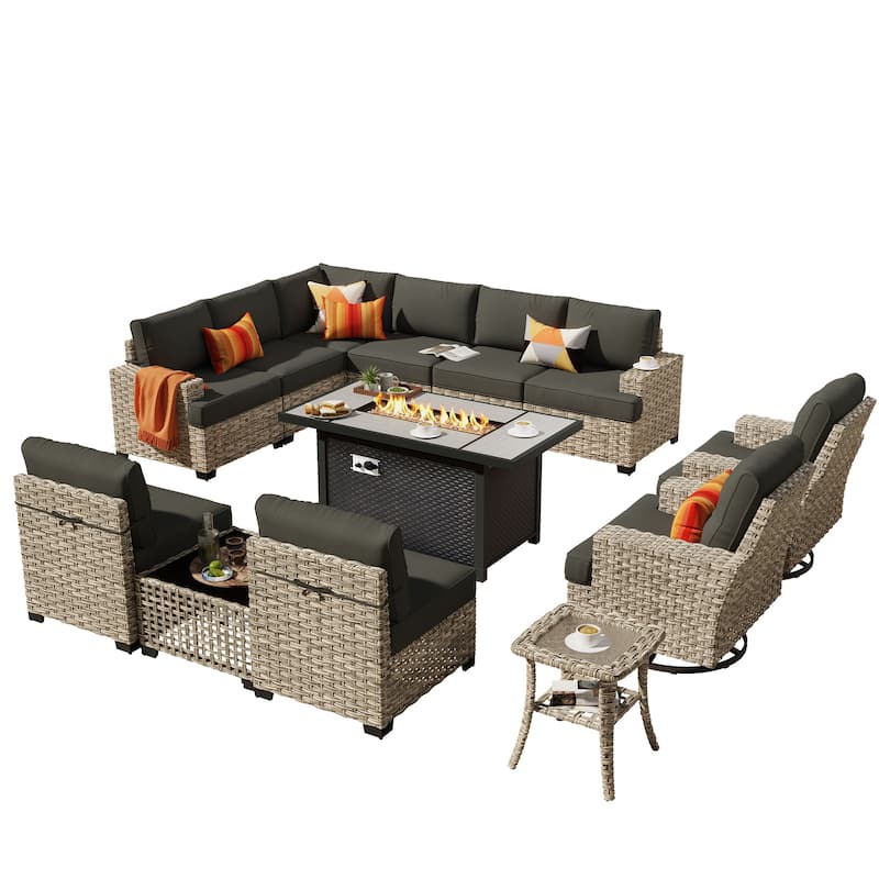 HOOOWOOO 13-piece Outdoor Wicker Furniture Swivel Chair Set with 54" Fire Pit Table