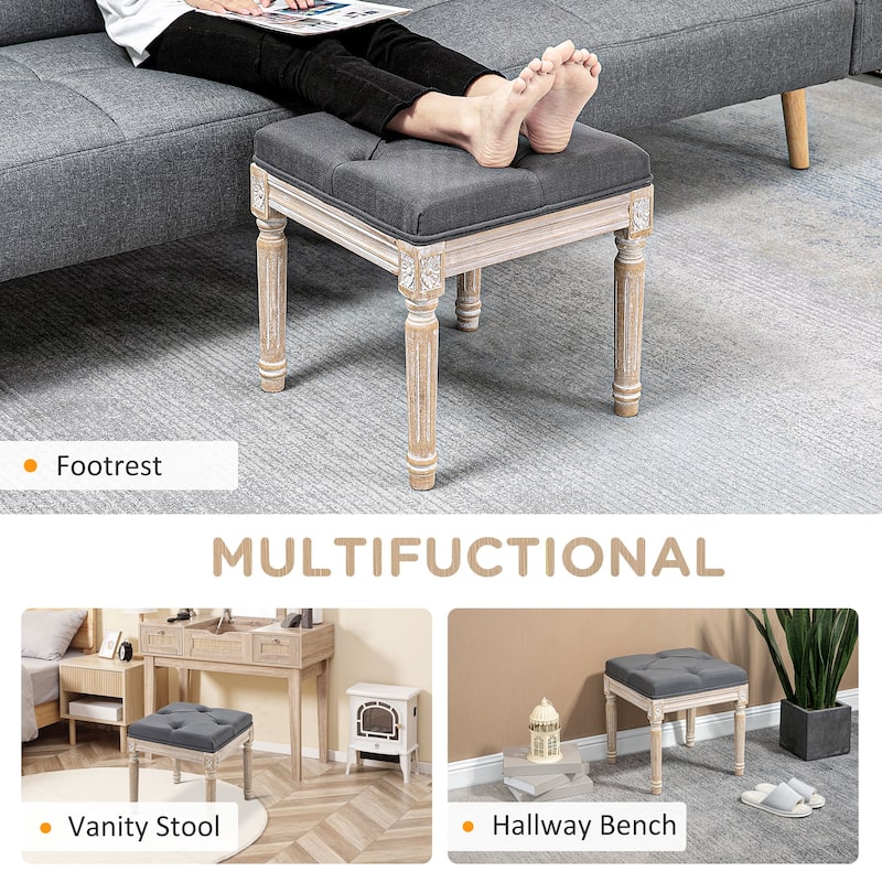 Upholstered Foot Stool with Button-Tufted Linen Cushion and Fluted Wooden Legs for Living Room