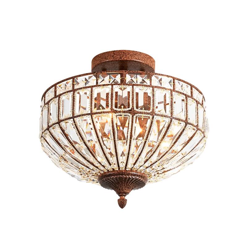 15.6" 3-Light Retro Rust-Colored Bowl Shaped Faceted Clear Crystal Semi-Flush Mount Ceiling Light for Bedroom, Kitchen