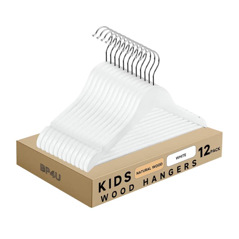 BP4U Kids Wooden Hangers with Pants Bar, Wood Clothes Hangers for Baby, Newborns, Toddlers & Children's Shirts, Coats, Dresses - White - 12-Pack