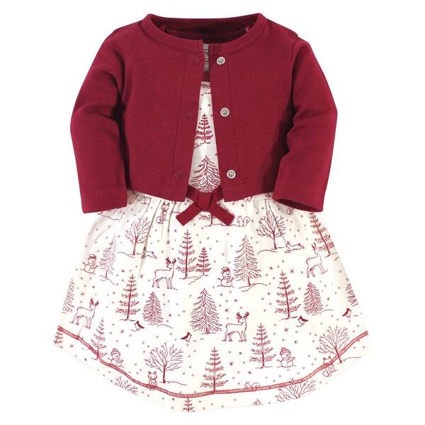 slide 1 of 1, Touched by Nature Baby and Baby Girl Organic Cotton Dress and Cardigan 2pc Set, Winter Woodland 0-3 Months - Winter Woodland