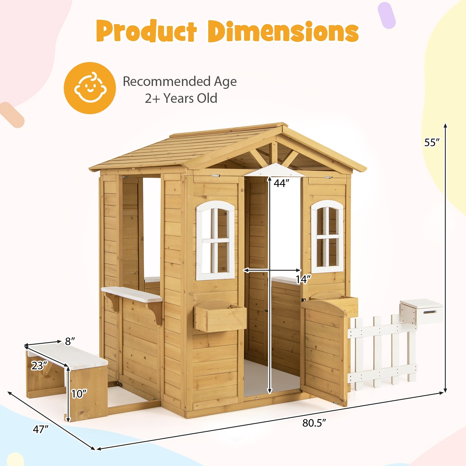 Gymax Wood Playhouse for Kids Outdoor Adventures Cottage w/ Bench