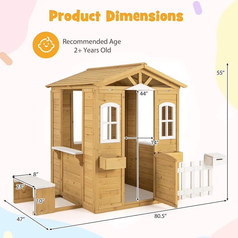 Gymax Wood Playhouse for Kids Outdoor Adventures Cottage w/ Bench Play