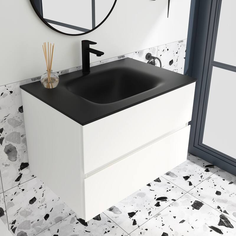 Wall-Mounted Bathroom Vanity Set in White with Black Quartz Top and Integrated Sink
