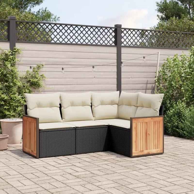 vidaXL Patio Sofa Set with Cushions Outdoor Conversation Furniture Poly Rattan - 24.4 x 24.4 x 27.2 - Black and Cream