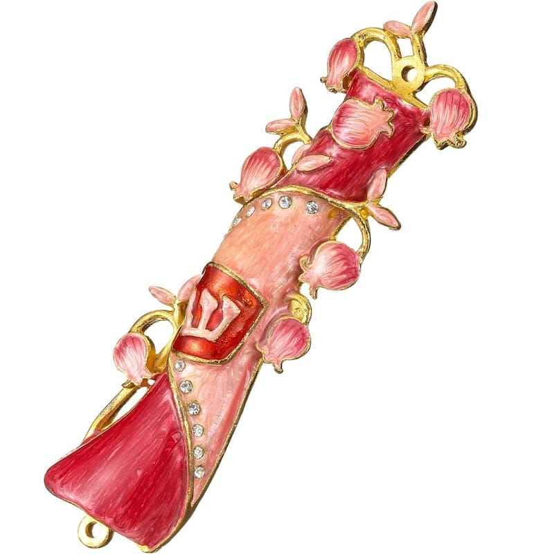 Matashi Hand Painted Red & Pink Enamel Mezuzah Embellished with a Pomegranate Floral Design with Gold Accents Quality Crystals