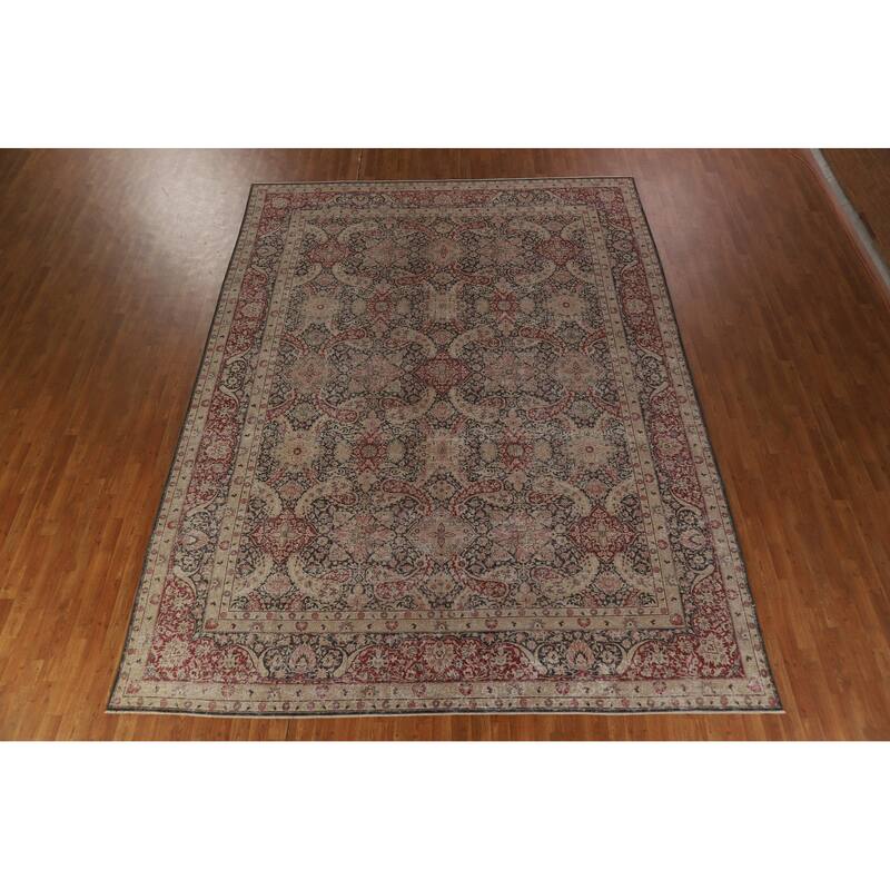 Hand Knotted Oriental 100% Wool Carpet Traditional All-Over Black Kerman Area Rug - 13' 0'' X 9' 8''