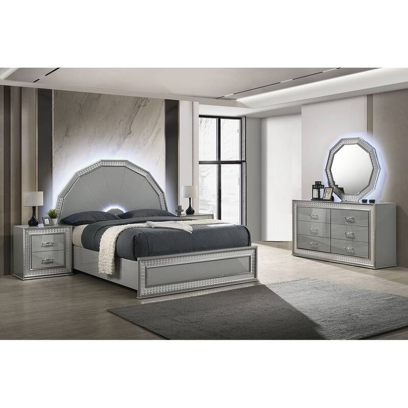 Glam Metallic Gray 4-Pc Bedroom Furniture Set with Backlit LED on Headboard and Mirror