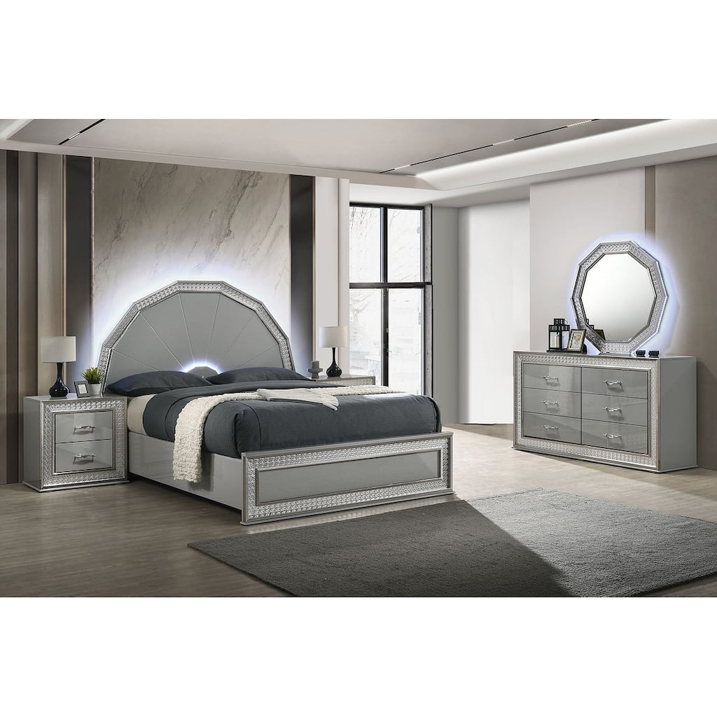 Glam Metallic Gray 4-Pc Bedroom Furniture Set with Backlit LED on Headboard and Mirror