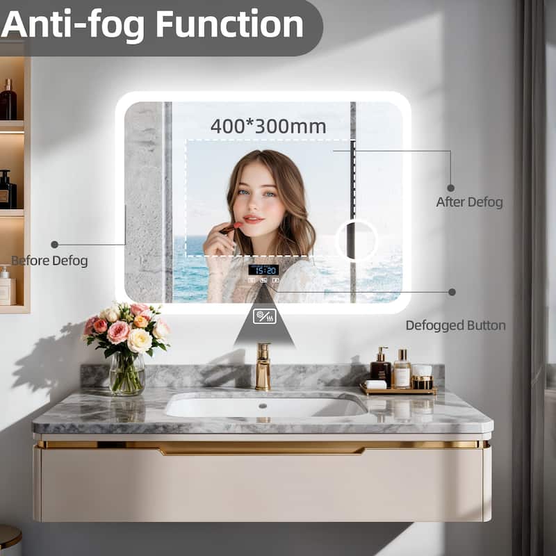 Smart LED Bathroom Mirror with Bluetooth Speaker, Anti-Fog Magnifying