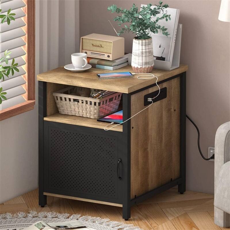 Side Table with Charging Station - Rustic Oak