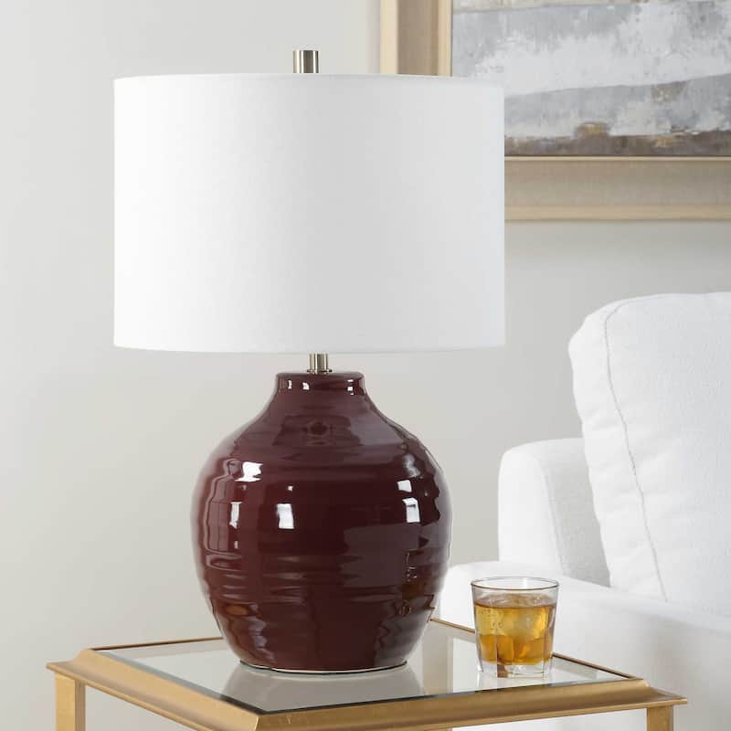 Porch & Den Ruby Red Ceramic Brass Linen Shade Vase Table Lamp