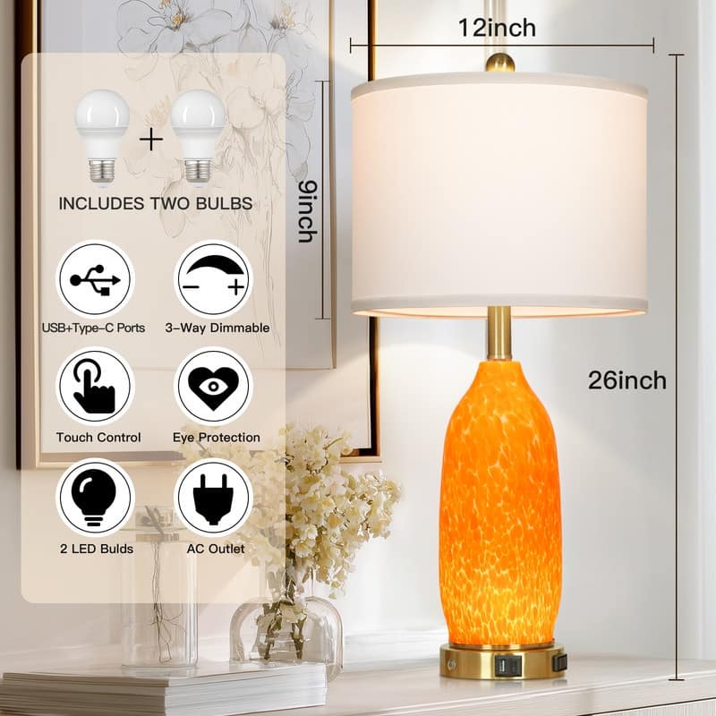 26" Orange Spot Glass Table Lamp with USB-C Charging, Dual Lighting & Metal Touch Switch(Set of 2) - 12'' x 12'' x 26''