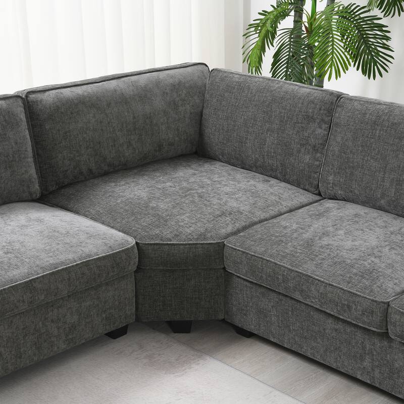 119*67" U Shaped 6 Seat Chenille Sectional Sofa with Chaise and Cup Holders, Gray