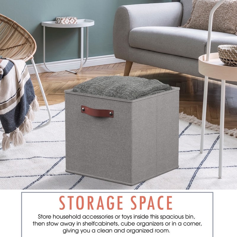 Foldable Collapsible Storage Box Bins Linen Fabric Shelf Basket Cube Organizer with Leather Handles - Set of 6
