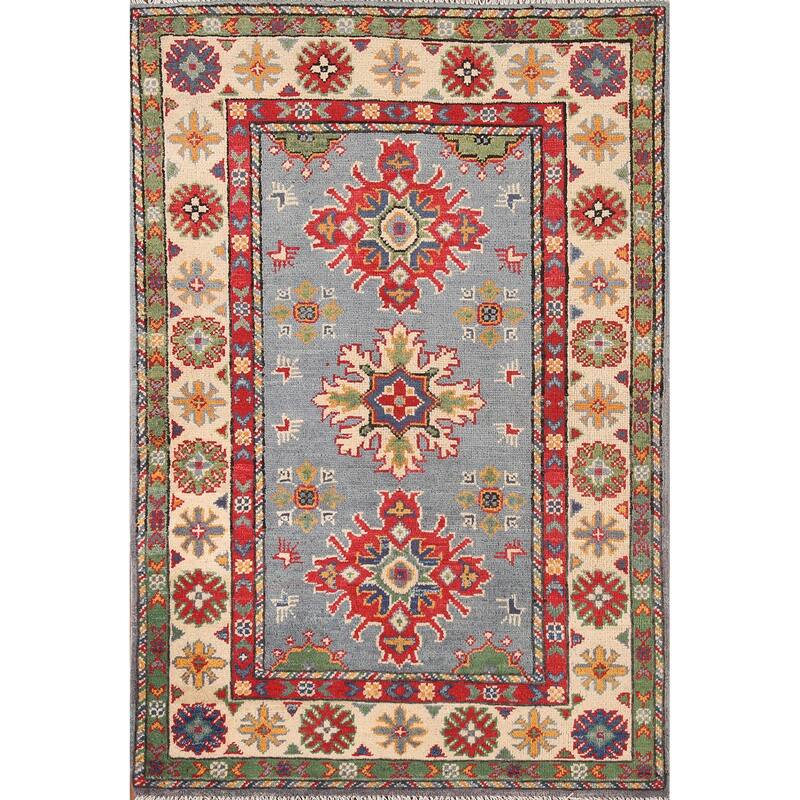 Kazak Oriental Foyer Rug Hand-Knotted Geometric Wool Carpet - 2'9" x 4'1"