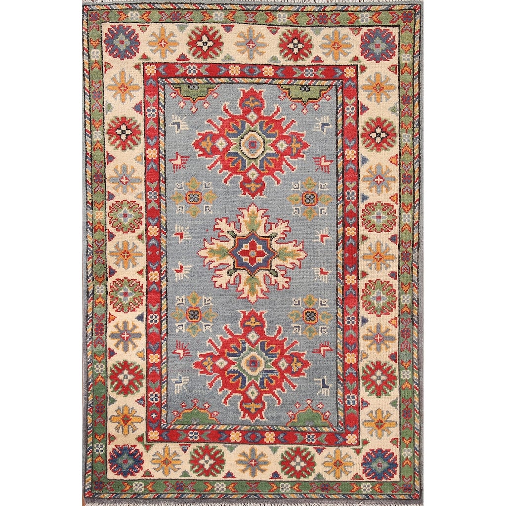 Kazak Oriental Foyer Rug Hand-Knotted Geometric Wool Carpet - 2'9" x 4'1"