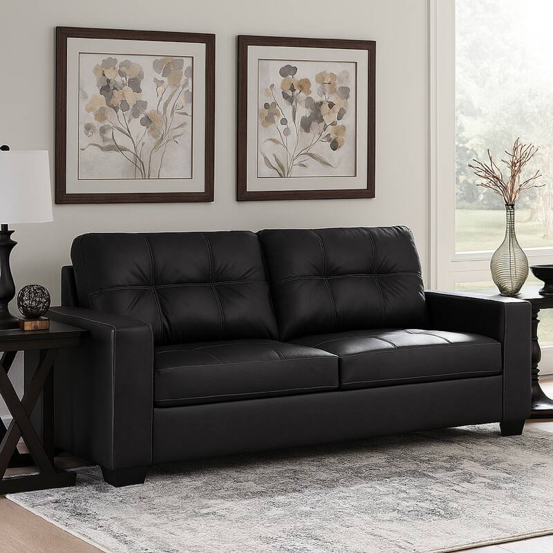 Barl Sofa, Modern Style 85 Inch Soft Tufted Rich Black Faux Leather