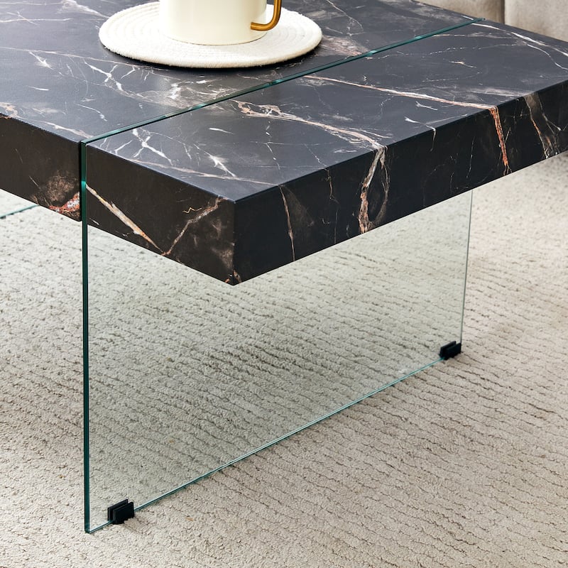 Rectangular Coffee Table with Tempered Glass Legs Wood Side Tables Wood Center Tables for Living Room Reception Room