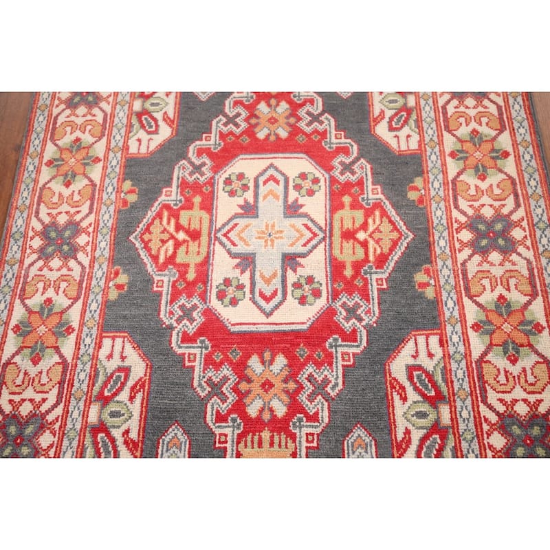 Geometric Kazak Oriental Accent Rug Handmade Grey Wool Carpet - 3'1" x 5'1"