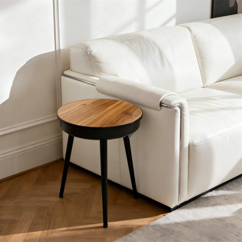 Round Smart End Table with Bluetooth Speaker Side Table LED Nightstand with USB Port