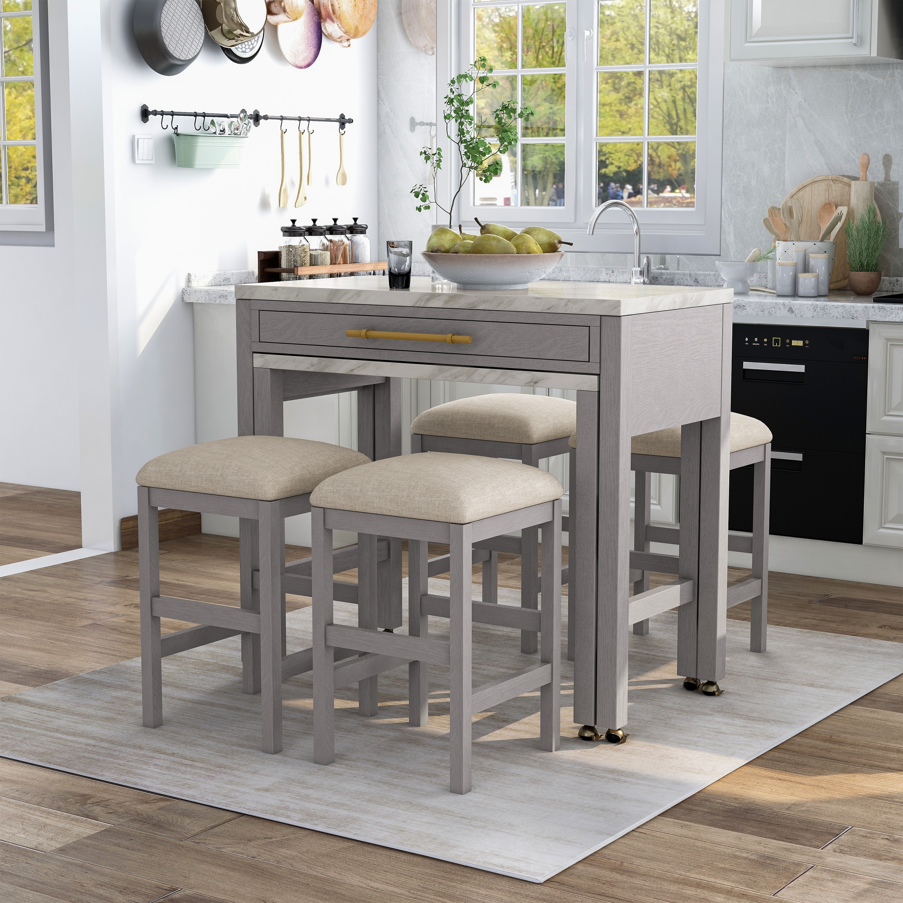 Furniture of America Delware Glam Grey Wood 5-Piece Barstool and Extendable Table Set for Small Space