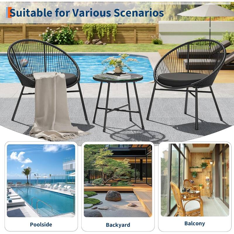 3 Pieces Outdoor Acapulco Chair Patio Bistro Set, All-Weather Acapulco Chairs with Glass Top Table