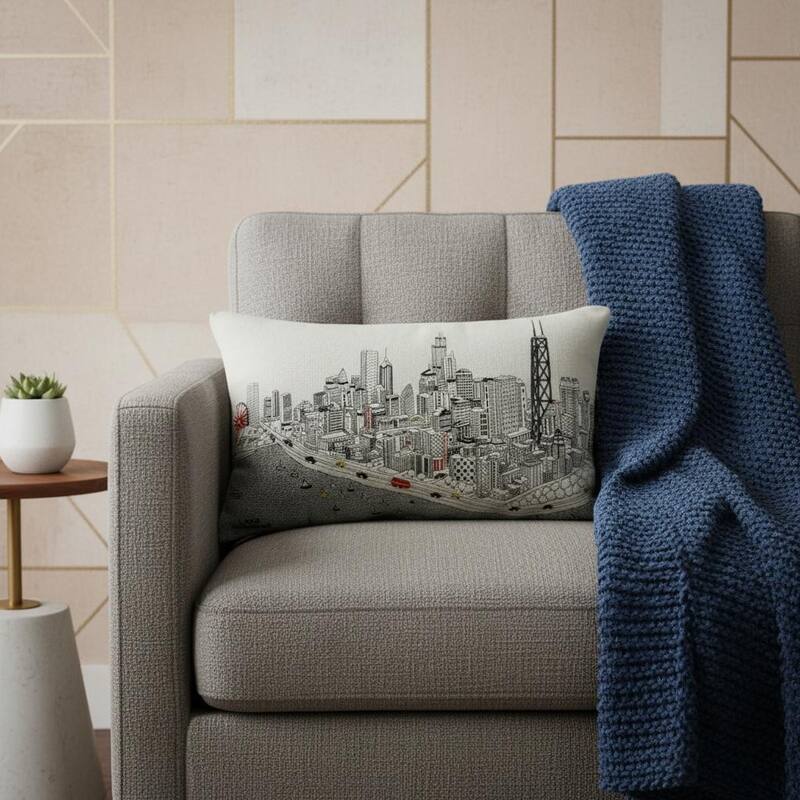 HomeRoots 14" X 24" Cream Chicago Daylight Skyline Lumbar Decorative Pillow