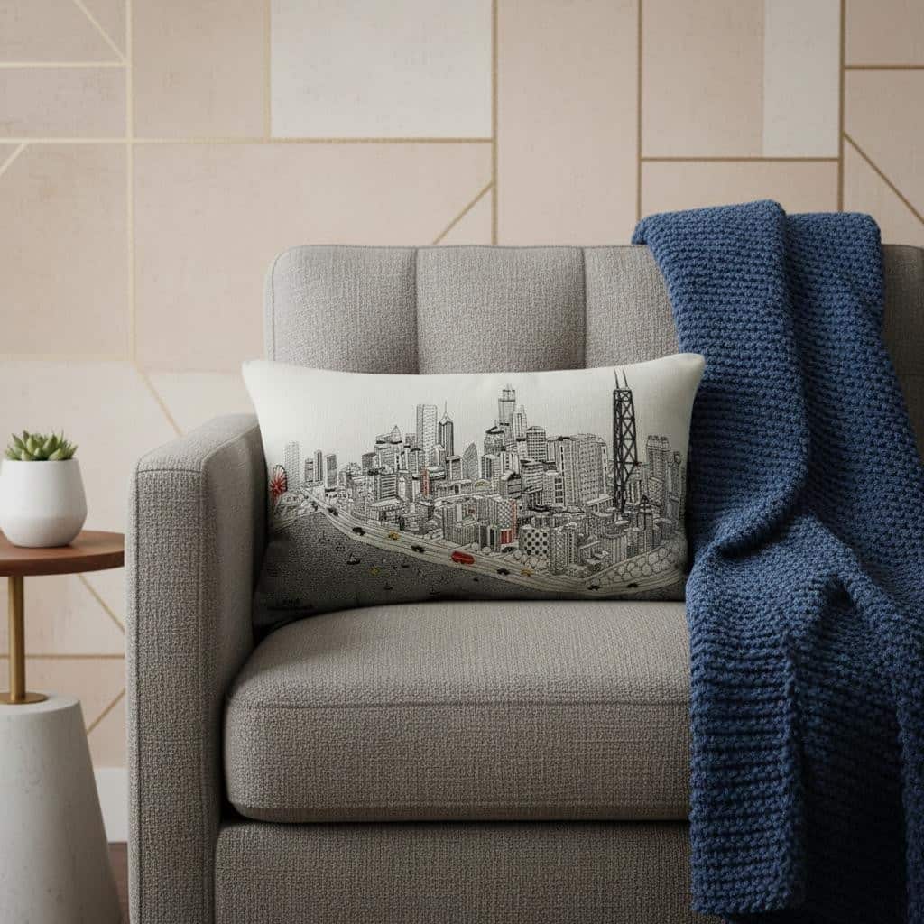 HomeRoots 14" X 24" Cream Chicago Daylight Skyline Lumbar Decorative Pillow